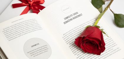 An open book with a red rose and a tied gift box next to it, conveying romance or celebration.